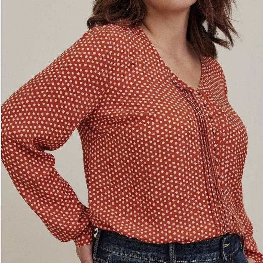 Torrid 1X Tunic Blouse Georgette Rusty Orange & Creamy Ivory White Polka Dots